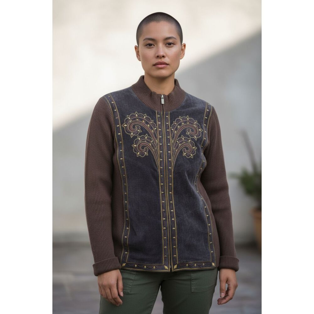 Bob Mackie Vintage Leather Embroidered Zip-Up Jacket Brown Women's Large NWT